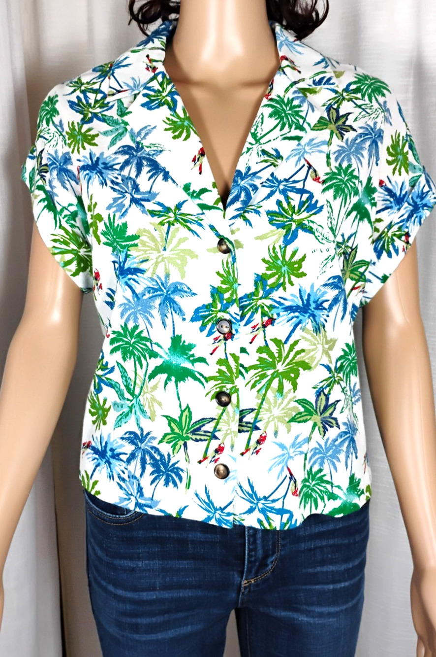 Womens Linen Blend Tropical Palm Print Blouse Notch Collar Resort Vacation